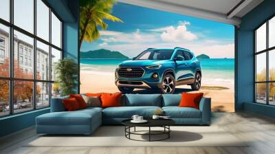 Blue sport SUV car parked by the tropical sea under umbrella tree. Summer vacation at the beach. Summer travel by car. Road trip. Automotive industry. Hybrid and electric car concept. Summer vibes.  Wall mural